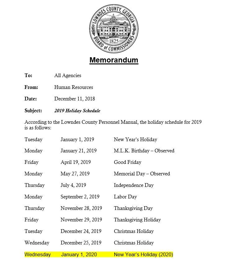 2019 Holiday Schedule